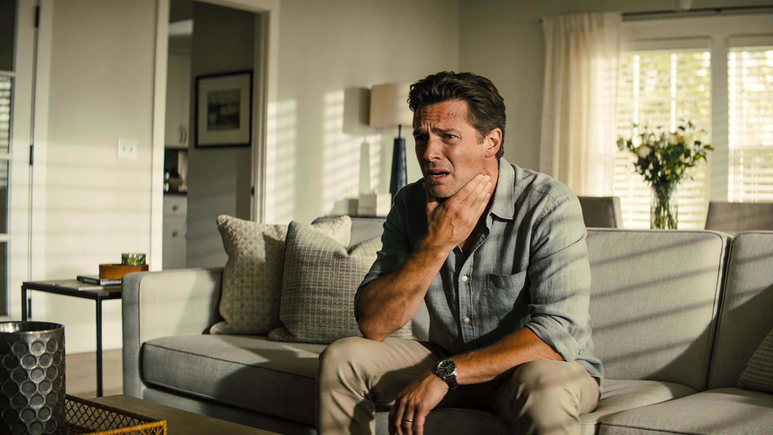 Emergency Dentist Same Day Appointment Houston & Bellaire 1 A concerned man sitting on a living room sofa, touching his jaw with a worried expression.