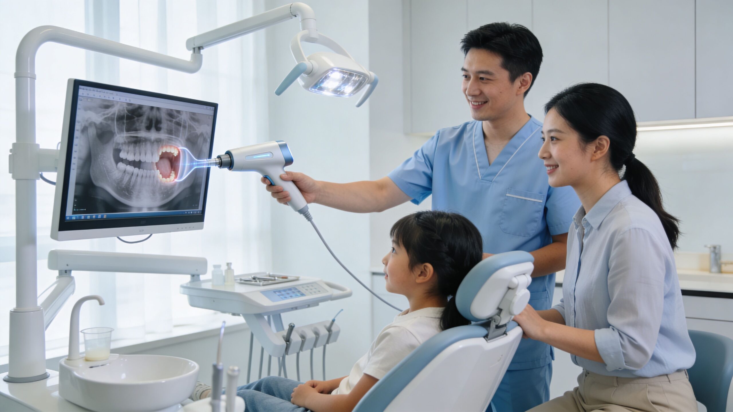Family Dentist Houston: 30+ Years of Expert Care 2 A dentist shows a digital X-ray of teeth to a young girl and her mother during consultation.