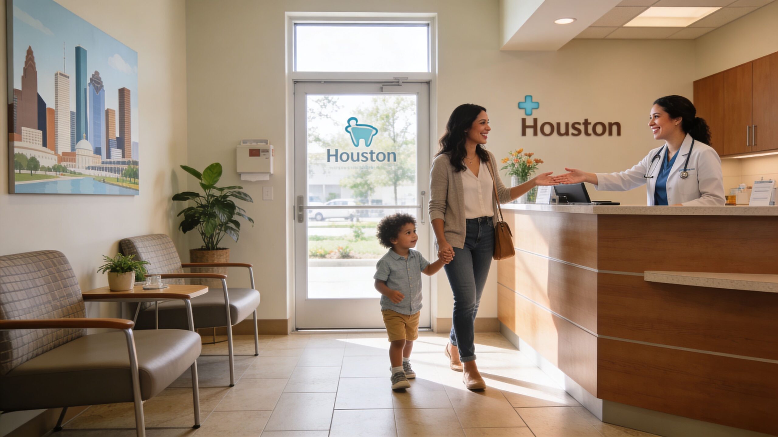 Family Dentist Houston: 30+ Years of Expert Care 3 A mother and her young son walking towards a receptionist at a modern Houston dental clinic lobby.
