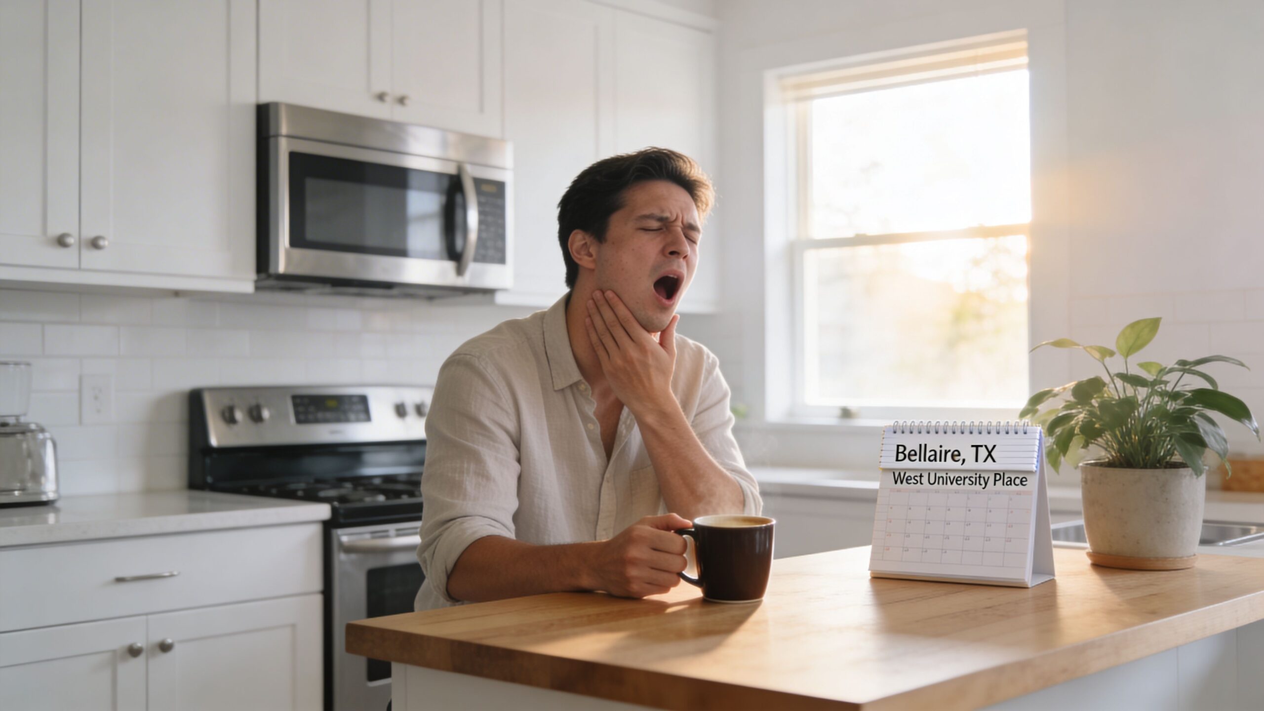 Charles E. Boren | Houston TMJ Specialist Guide for Jaw Pain Relief A tired man holding a coffee cup while experiencing jaw pain in a bright modern kitchen setting.