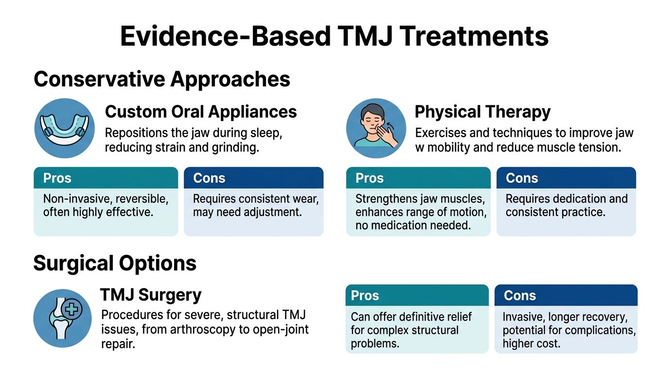 Charles E. Boren | Houston TMJ Specialist Guide for Jaw Pain Relief An infographic showing evidence-based TMJ treatment options including conservative approaches like appliances and physical therapy, and surgery.