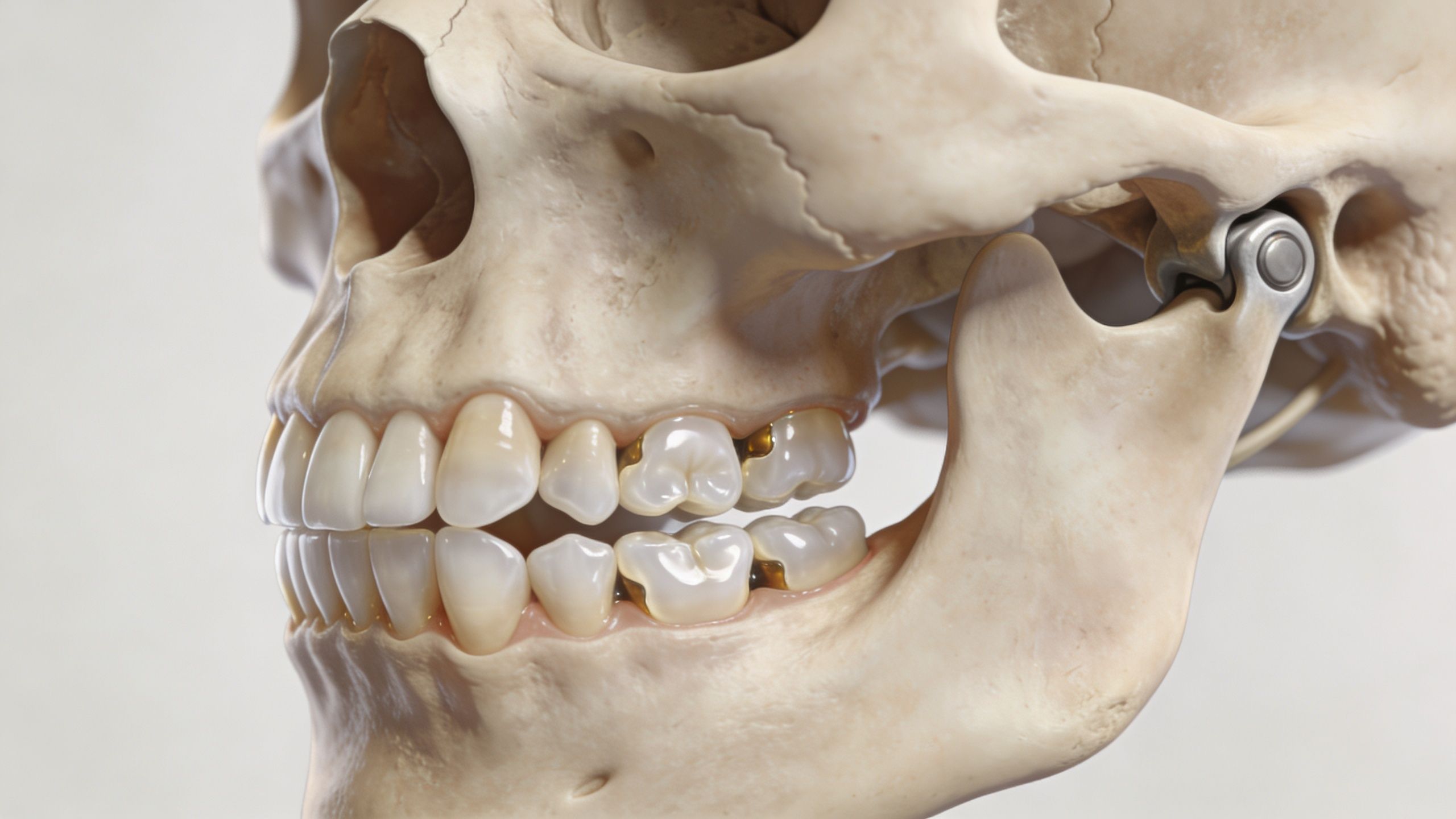 Say Goodbye To Poor Fitting Dentures 3 A close-up view of a human skull model featuring teeth with gold-colored dental fillings and metal joints.