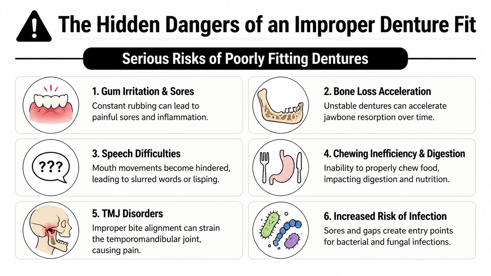 Say Goodbye To Poor Fitting Dentures 2 An infographic showing six serious health risks associated with wearing poorly fitting dental dentures.