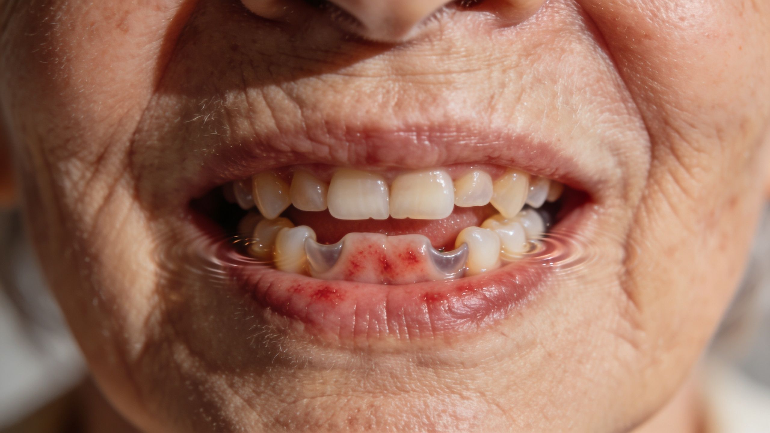 Say Goodbye To Poor Fitting Dentures 1 Close-up of an older adult's mouth showing gum inflammation and discomfort caused by poor fitting dentures.