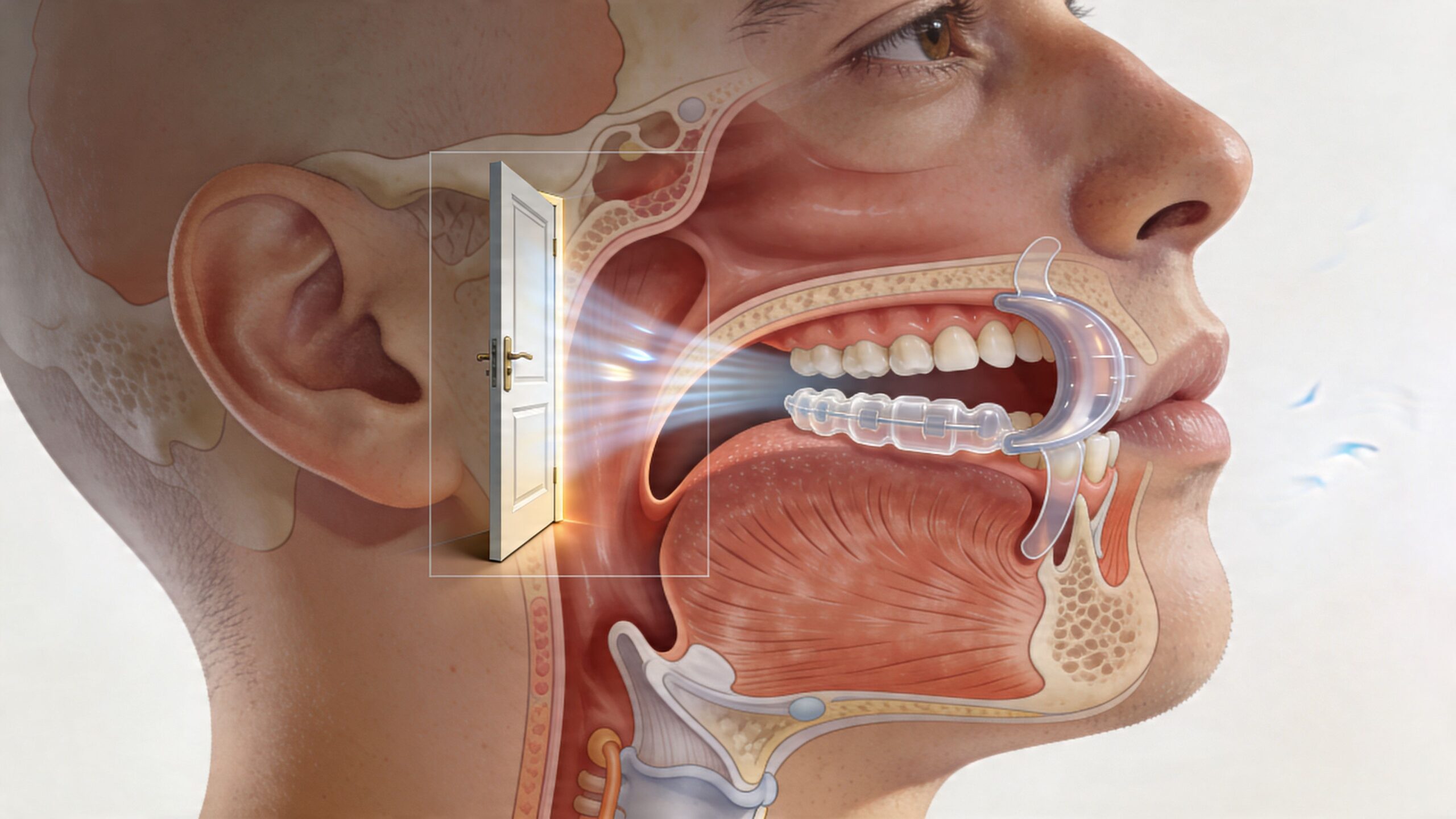 Silent Night Oral Appliance: Stop Snoring & Sleep Better 2 A medical illustration showing how a silent night oral appliance opens the airway to prevent snoring.