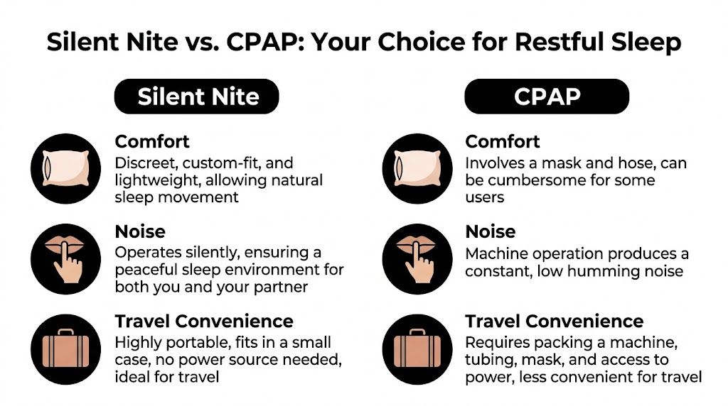 Silent Night Oral Appliance: Stop Snoring & Sleep Better 4 A comparison chart highlighting the comfort, noise levels, and travel convenience of Silent Nite versus CPAP machines.