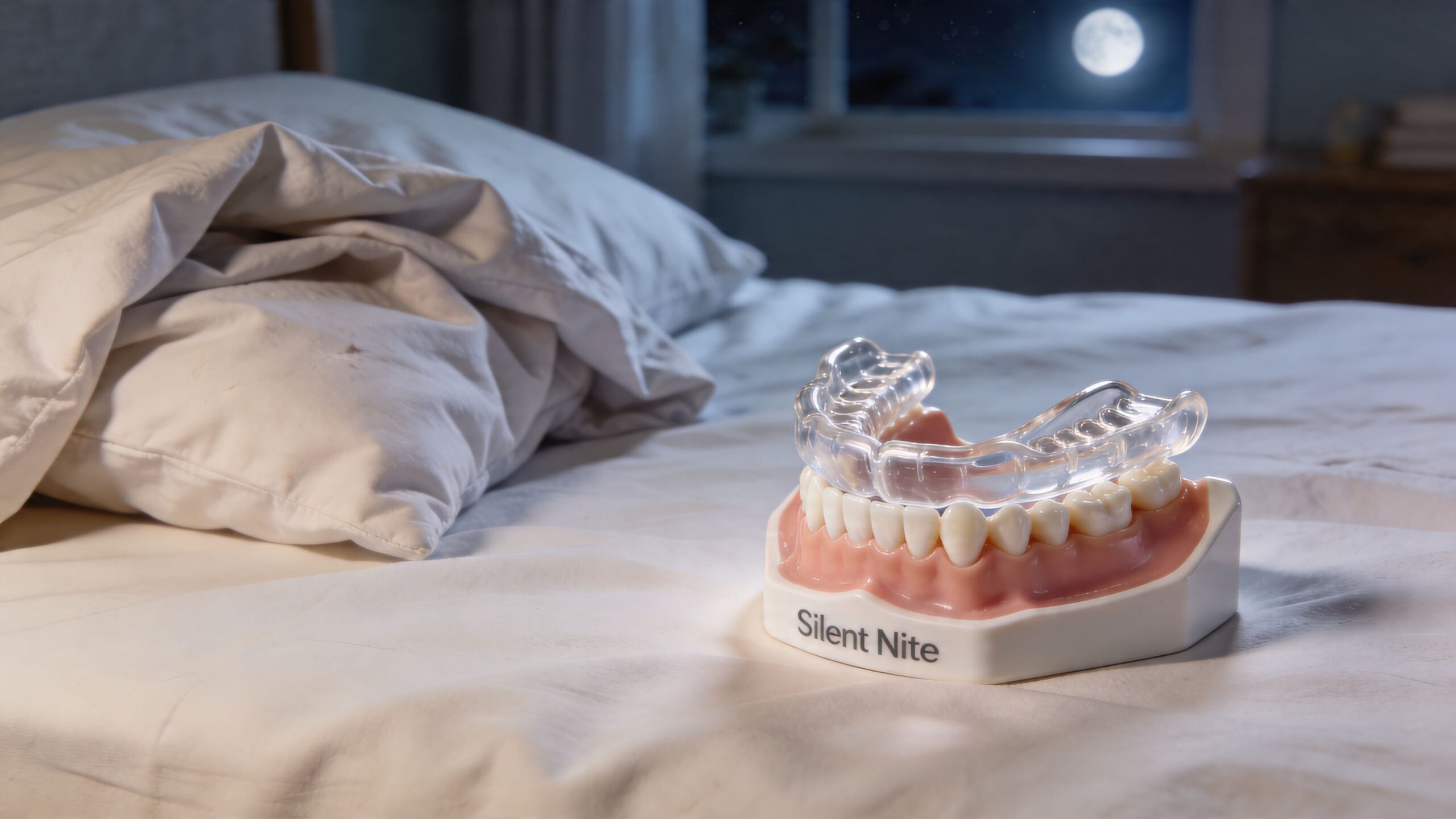 Silent Night Oral Appliance: Stop Snoring & Sleep Better 1 A Silent Nite dental oral appliance model resting on a white bed sheet beside a pillow.