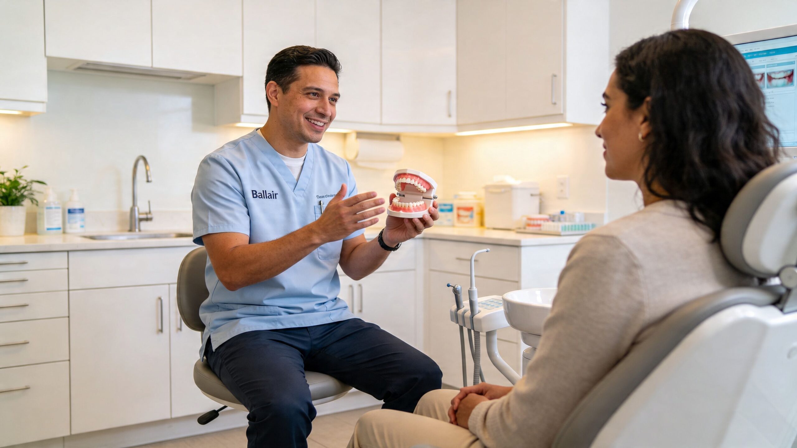 Silent Night Oral Appliance: Stop Snoring & Sleep Better 3 A friendly dentist explaining dental treatment options using a model of teeth to a female patient.