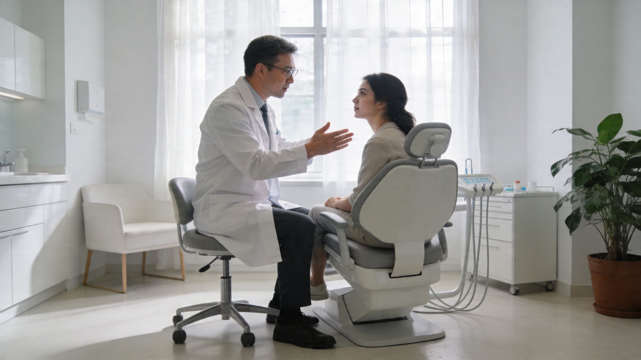 A professional dentist talking to his patient while sitting in a modern dental office examination room.