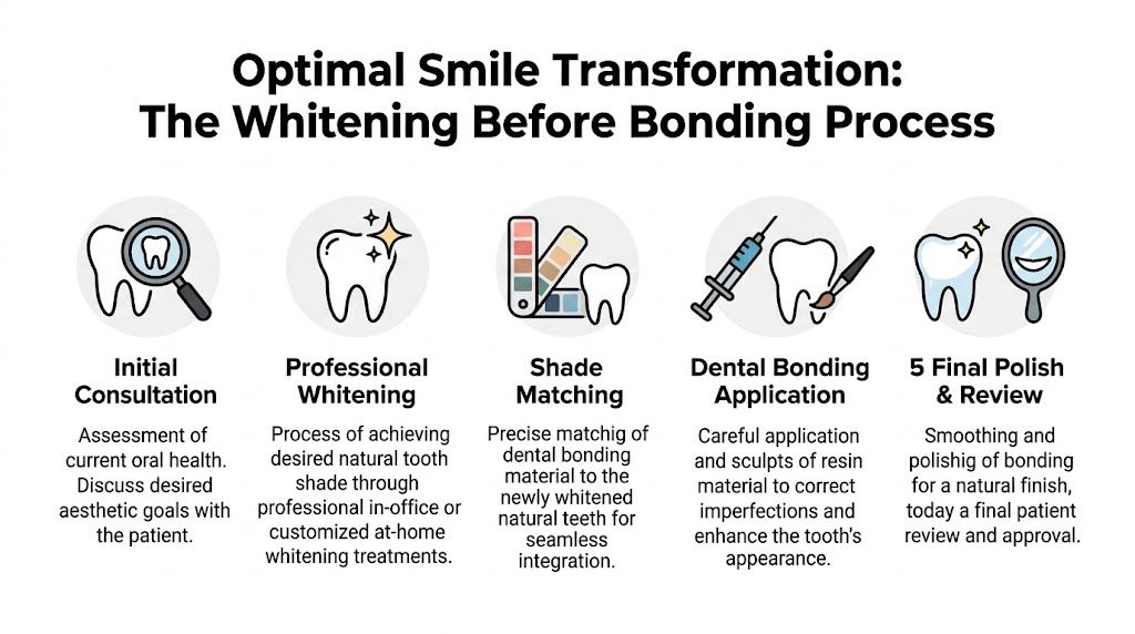 A flowchart showing the five-step process of professional teeth whitening followed by dental bonding for a smile.