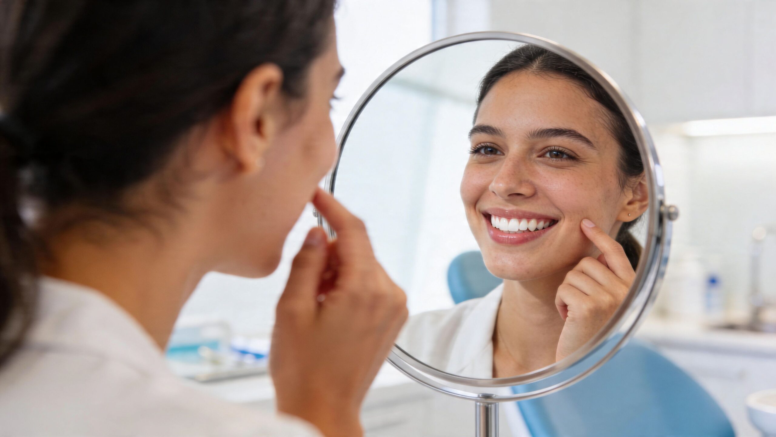 A smiling young woman looking at her bright white teeth in a round vanity mirror at dentist office.