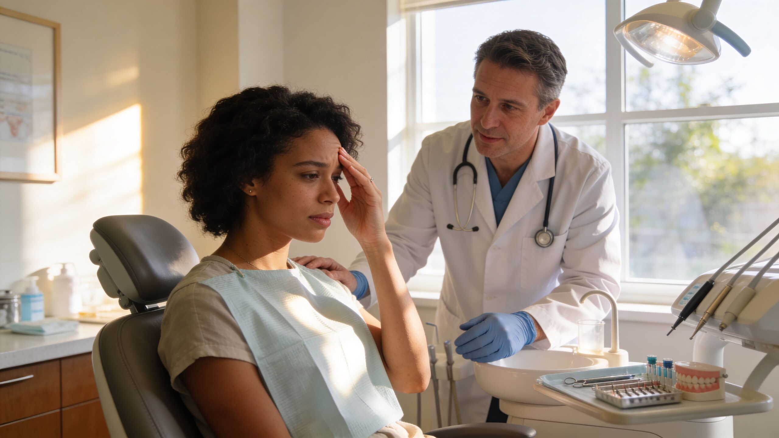 Tension Headache Causes And Treatment | Bellaire, TX 1 A concerned dentist provides reassurance to a female patient who is holding her head in pain.