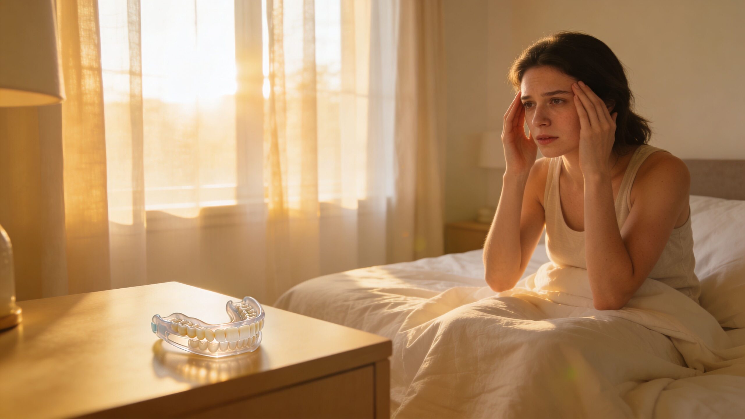 Tension Headache Causes And Treatment | Bellaire, TX 3 A woman sitting on her bed holding her head, suffering from a tension headache next to a nightguard.
