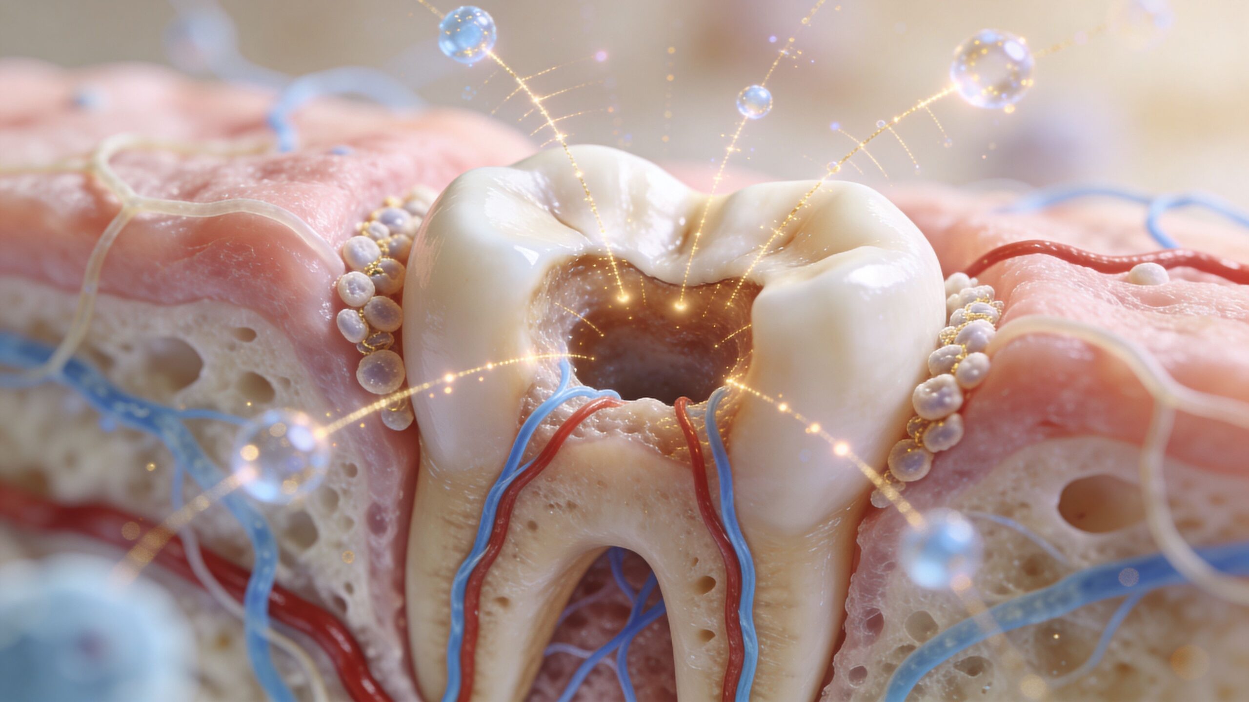 Beat Tiredness After Tooth Extraction: Expert Tips 1 A 3D medical illustration depicting a decayed tooth with inflammation and glowing molecules in the surrounding tissue.