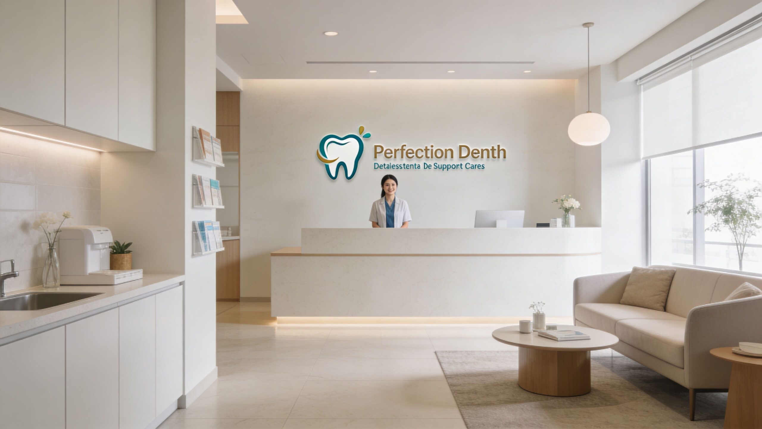 Beat Tiredness After Tooth Extraction: Expert Tips 4 A professional and modern dental clinic reception area with a friendly receptionist standing behind the front desk.