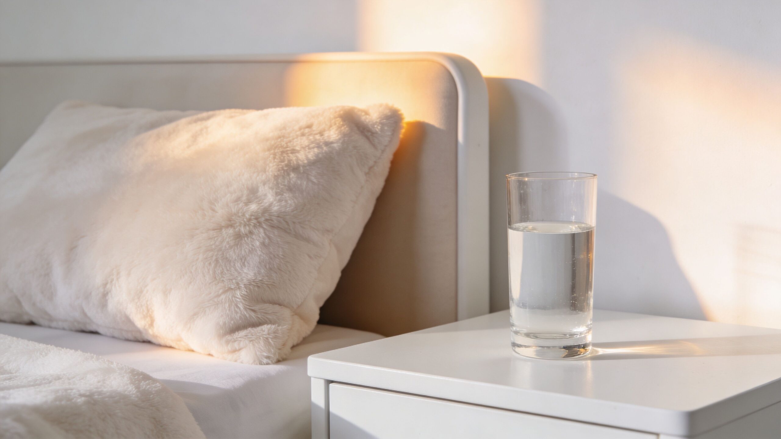 Beat Tiredness After Tooth Extraction: Expert Tips 3 A clear glass of water sits on a white bedside table next to a soft fluffy pillow.