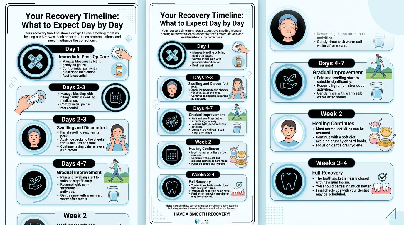 Beat Tiredness After Tooth Extraction: Expert Tips 2 A detailed infographic showing the day-by-day recovery timeline and post-operative care steps after tooth extraction surgery.