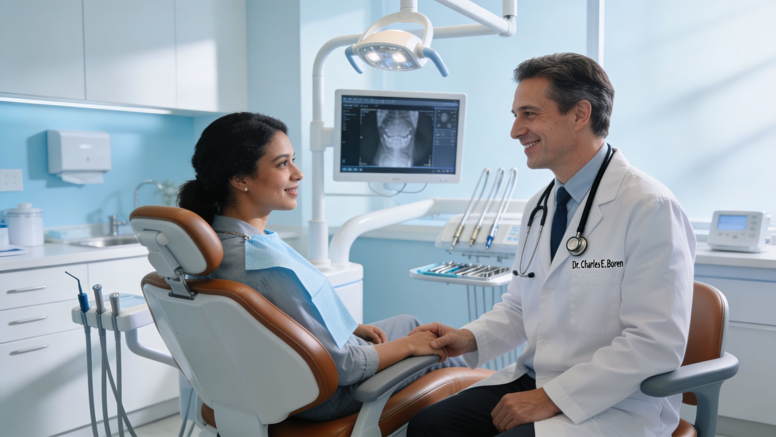 TMJ Pain Relief Exercises: Stop Jaw Pain Now 4 A friendly dentist holding a patient's hand while discussing dental results in a modern clinic office.