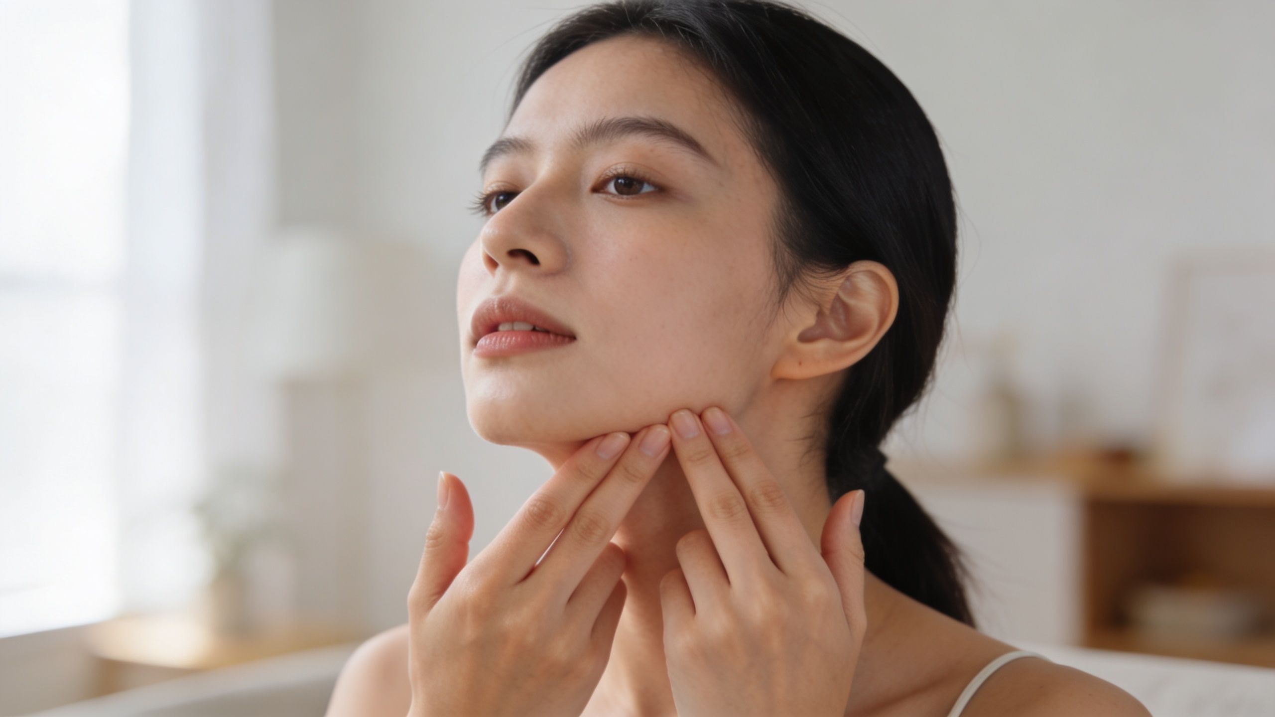 TMJ Pain Relief Exercises: Stop Jaw Pain Now 2 A young woman touching her jawline gently while focusing on her facial skin care routine.