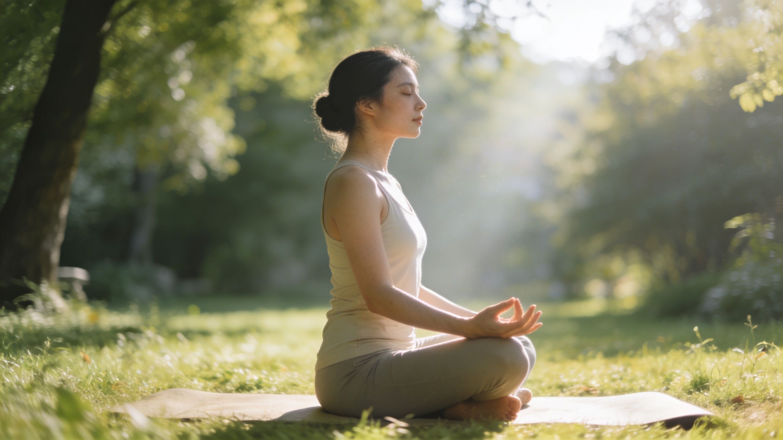 TMJ Pain Relief Exercises: Stop Jaw Pain Now 3 A young woman sitting in a lotus position meditating on a yoga mat in a sunny park.
