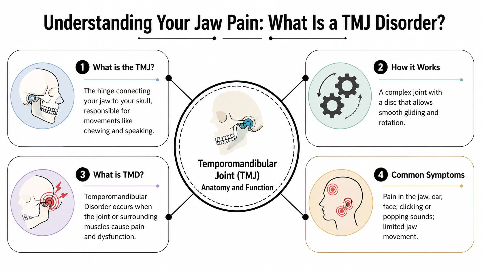 TMJ Pain Relief Exercises: Stop Jaw Pain Now 1 An infographic explaining the anatomy of the temporomandibular joint and common symptoms of a TMJ disorder.
