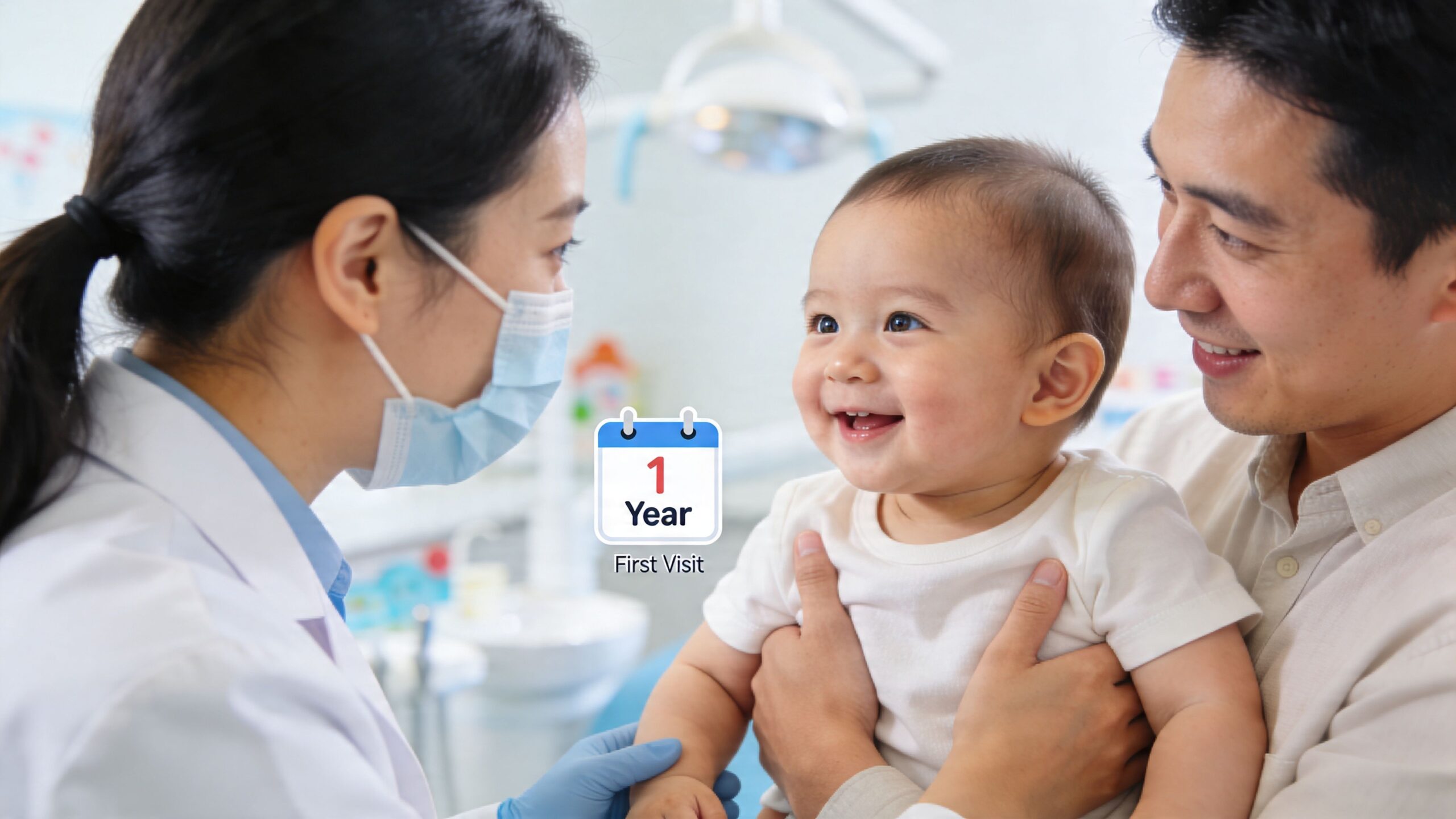 Charles E. Boren | What Age Should Child Go to the Dentist? A happy baby sits with their father during a dental consultation with a professional female dentist.