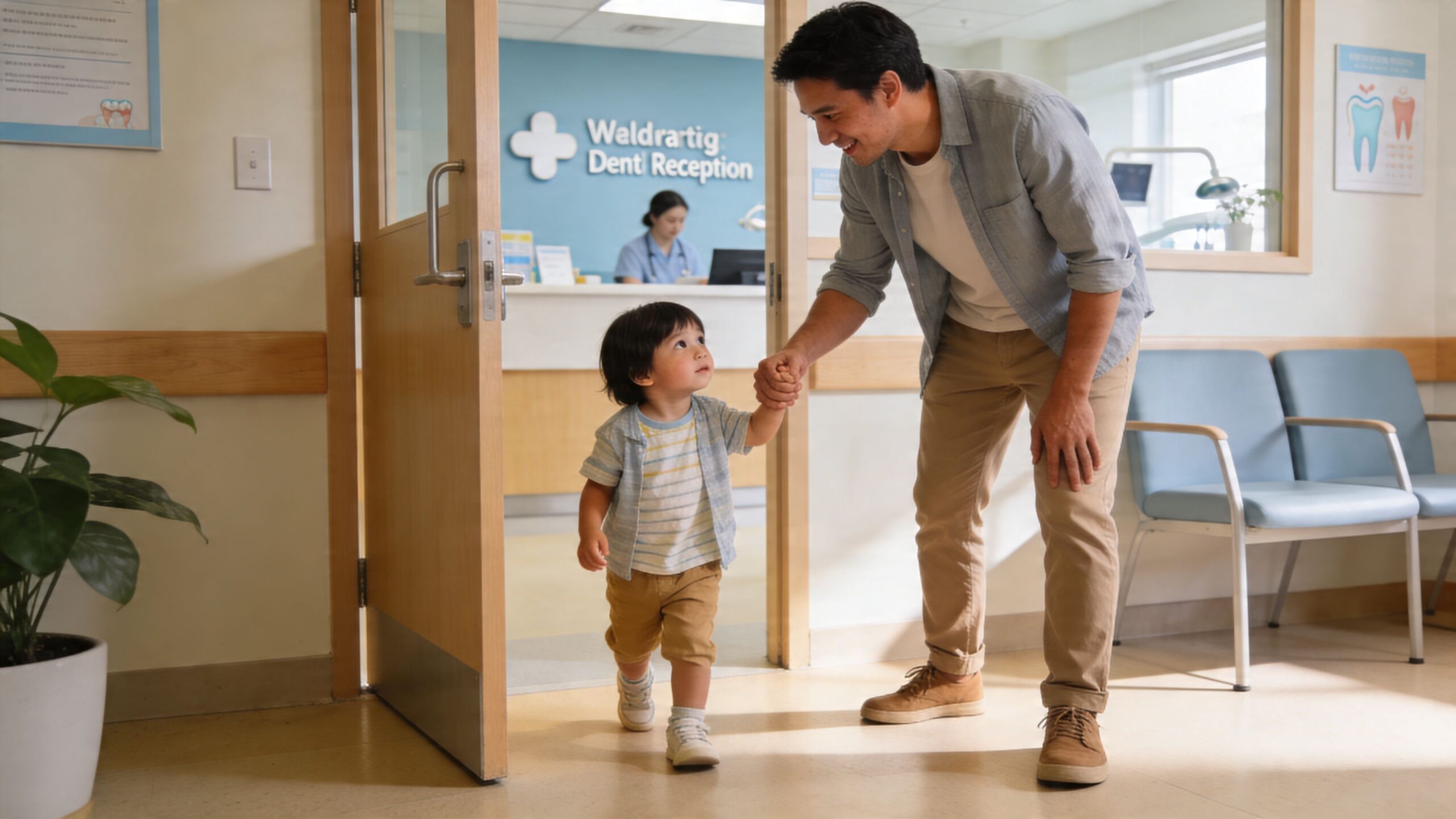 Charles E. Boren | What Age Should Child Go to the Dentist? A father holding his young son's hand as they walk into a friendly pediatric dental clinic.