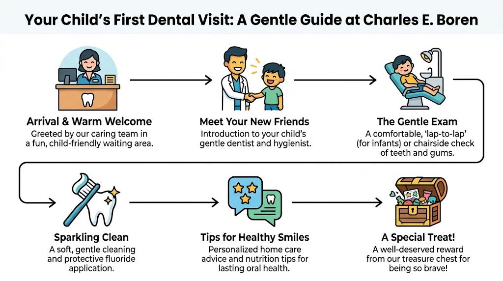 Charles E. Boren | What Age Should Child Go to the Dentist? A visual guide illustrating the steps of a child's first positive dental visit at Charles E. Boren.
