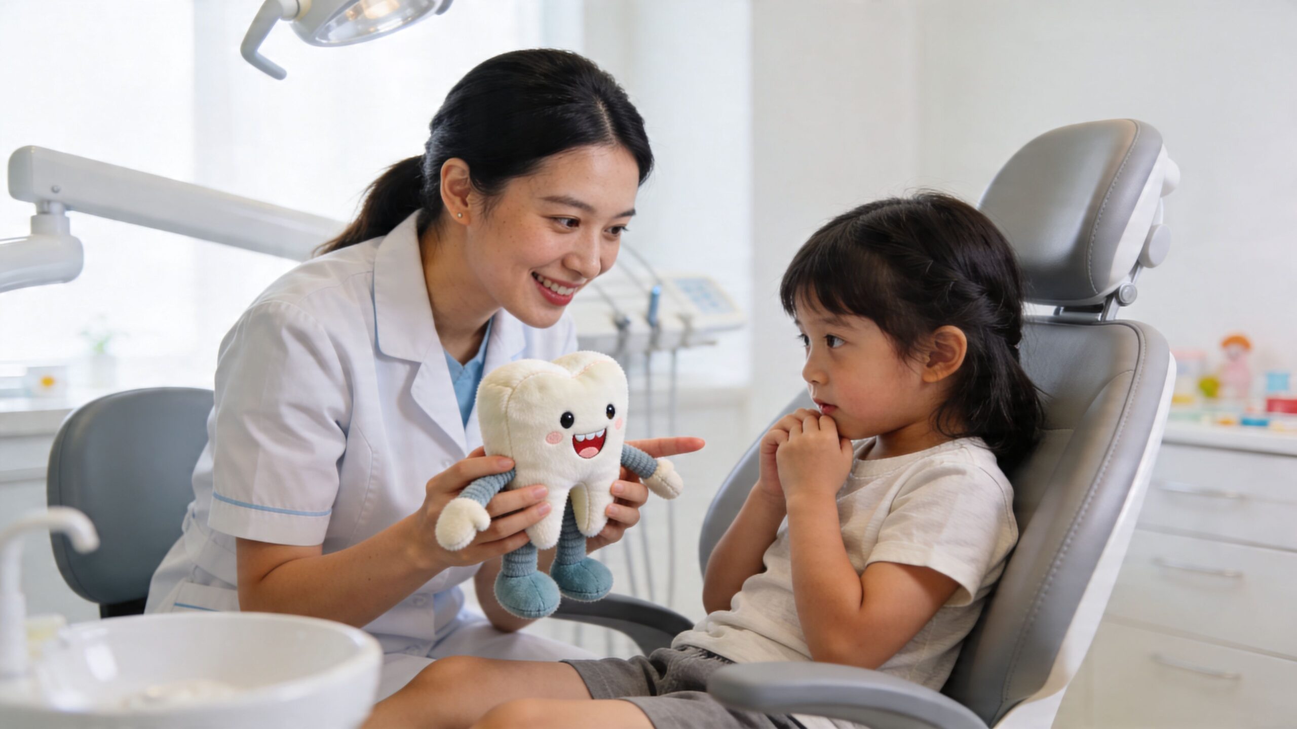 Charles E. Boren | What Age Should Child Go to the Dentist? A friendly female dentist holds a tooth-shaped plush toy while interacting with a young child in the chair.
