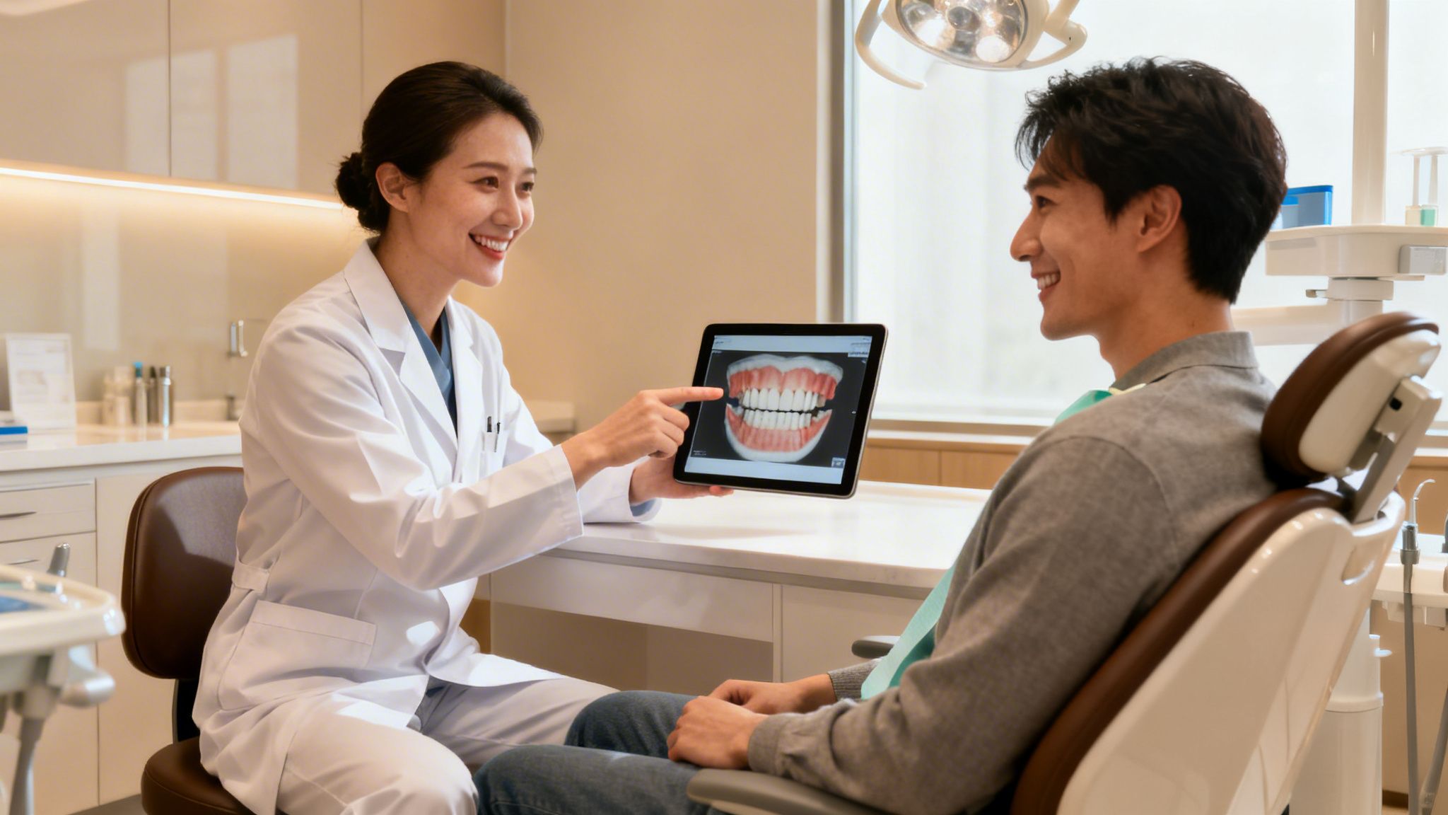 Charles E. Boren | TMJ Dentist in Bellaire, TX: What Happens If TMJ Is Left Untreated? A smiling female dentist shows a male patient a 3D dental scan on a tablet in a modern clinic.