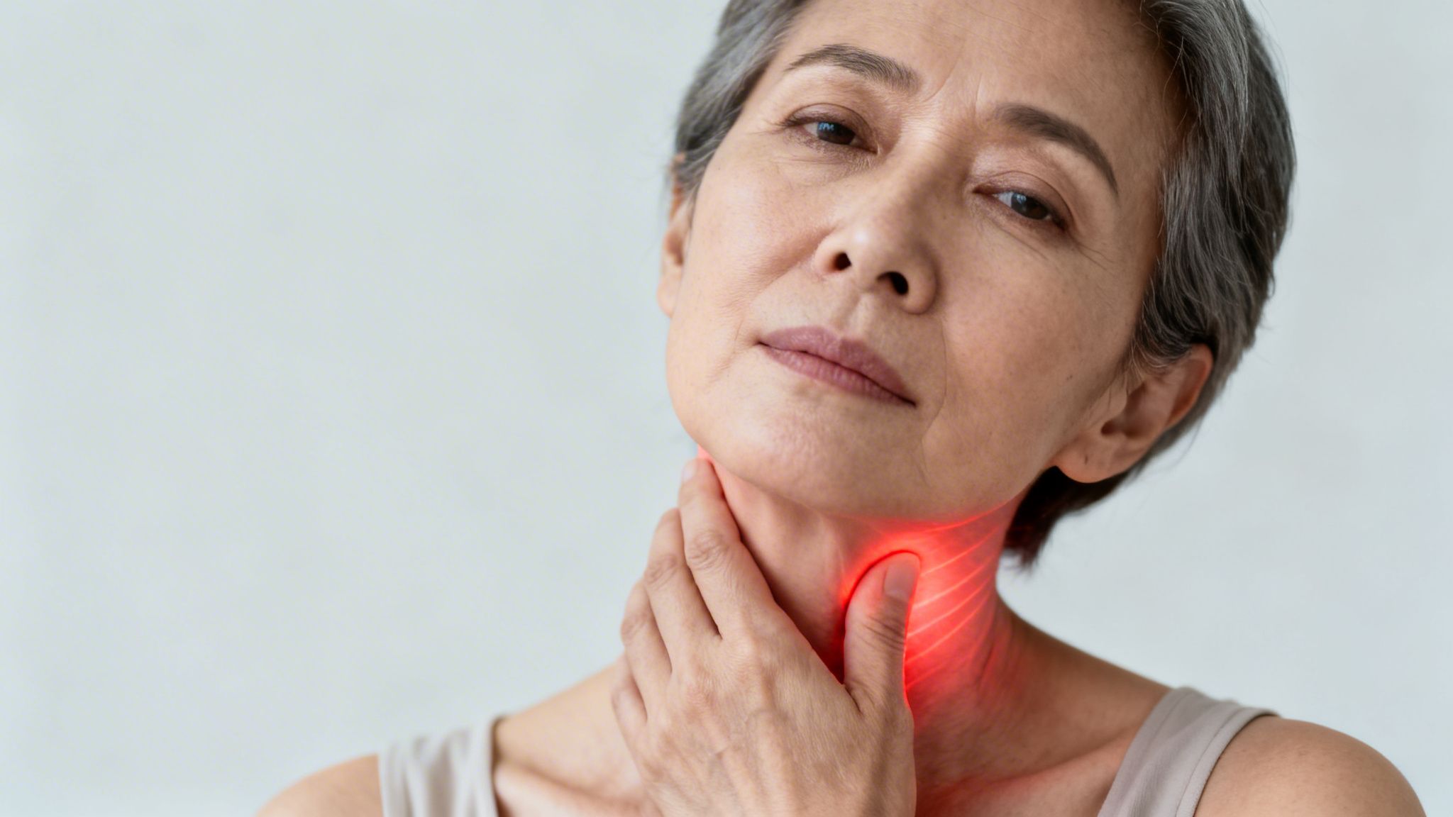 Charles E. Boren | TMJ Dentist in Bellaire, TX: What Happens If TMJ Is Left Untreated? An older Asian woman holds her throat, highlighted in red, indicating a sore throat or thyroid pain.