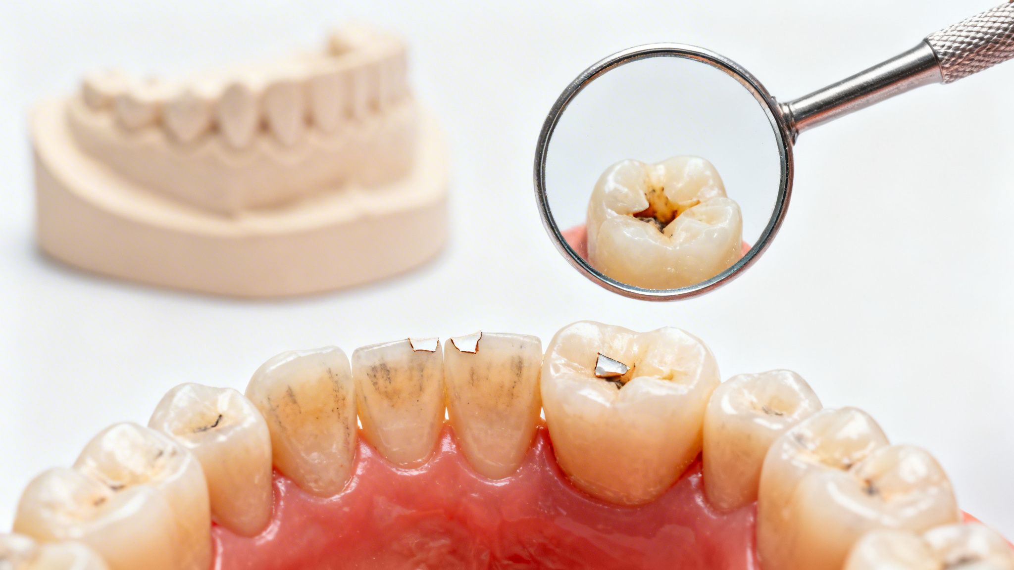 Charles E. Boren | TMJ Dentist in Bellaire, TX: What Happens If TMJ Is Left Untreated? Close-up of a dental model showing decayed teeth, chipped incisors, and an old filling, with a reflected molar.