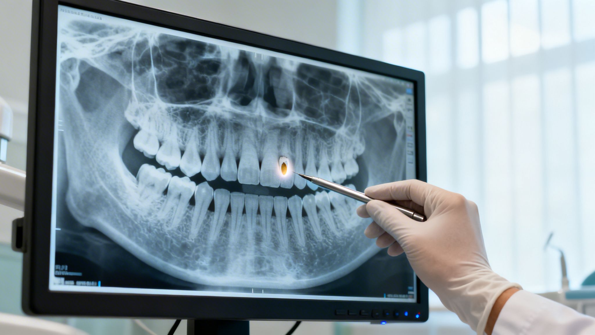 Your Guide to a Comprehensive Dental Exam in Bellaire, TX | Charles E. Boren, DDS 2 Dentist's gloved hand points to a highlighted tooth on a digital panoramic dental X-ray.