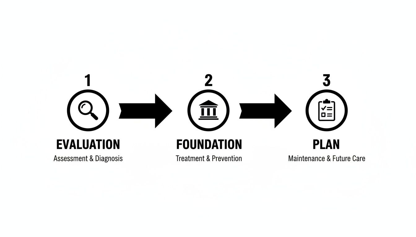 Your Guide to a Comprehensive Dental Exam in Bellaire, TX | Charles E. Boren, DDS 1 A three-step process diagram illustrating Evaluation, Foundation, and Plan with icons for a dental examination.