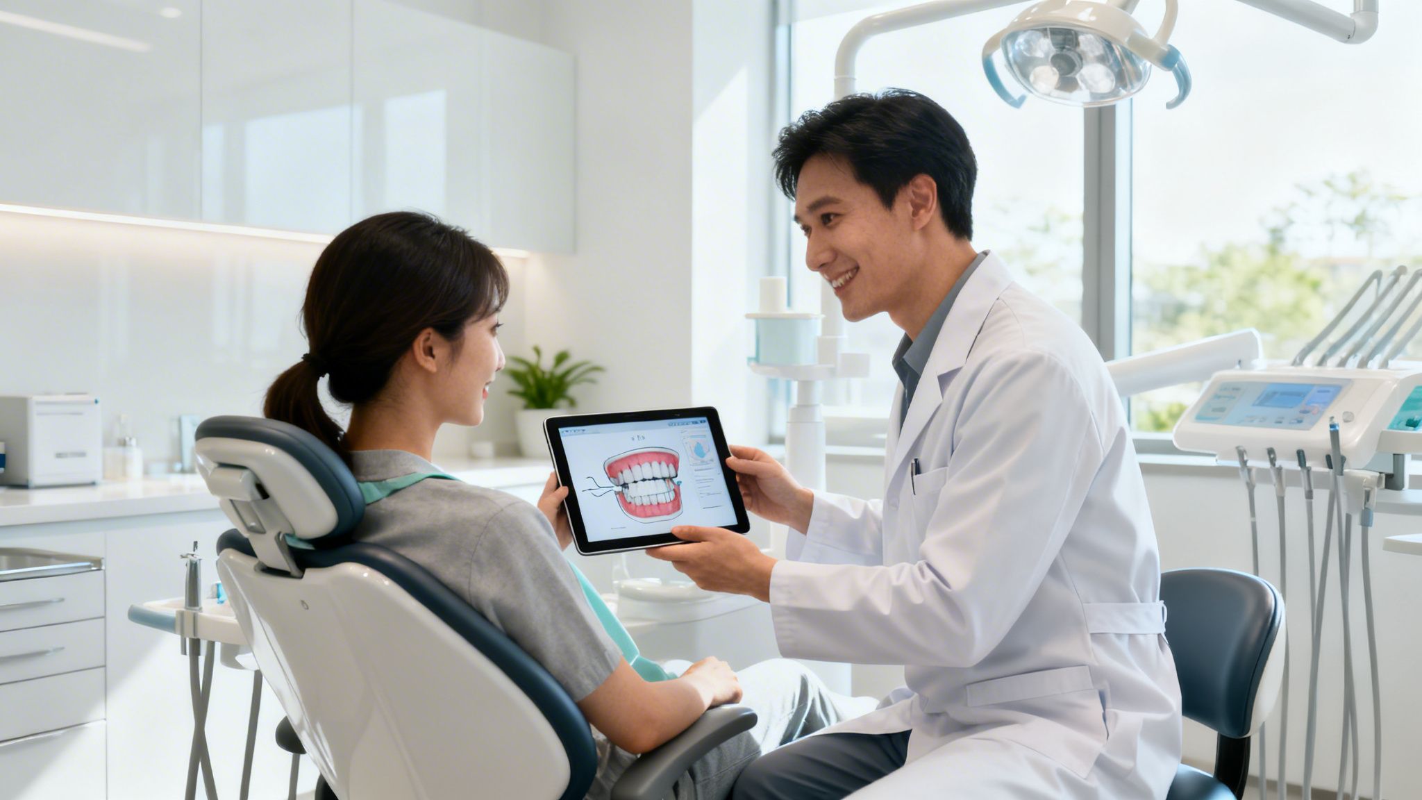 Discover What is Restorative Dentistry & Renew Your Smile 4 A male dentist smiling while showing a digital dental treatment plan on a tablet to a female patient.