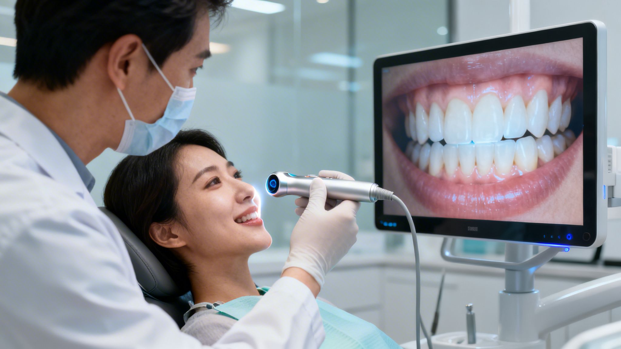 Discover What is Restorative Dentistry & Renew Your Smile 3 A dentist using a digital intraoral scanner to examine a patient's teeth with images on screen