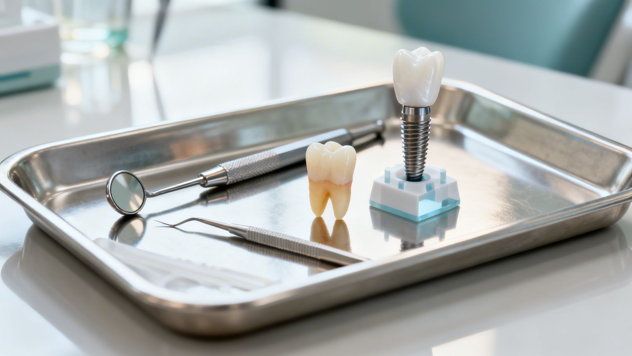 Discover What is Restorative Dentistry & Renew Your Smile 2 Dental implant model and natural tooth model placed on a metallic tray with dental medical instruments