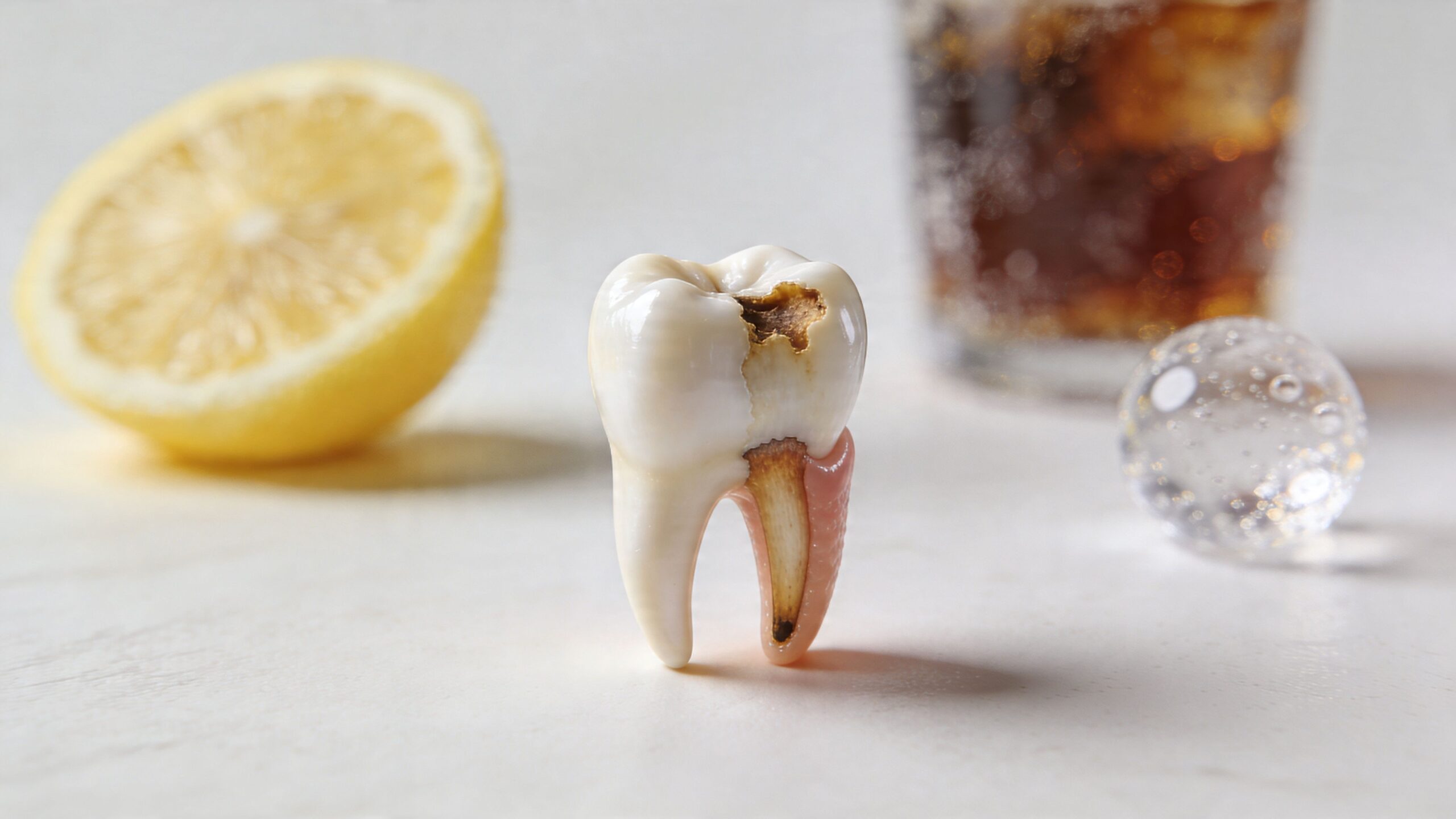 A model of a decaying tooth with visible damage next to a lemon and a fizzy drink.