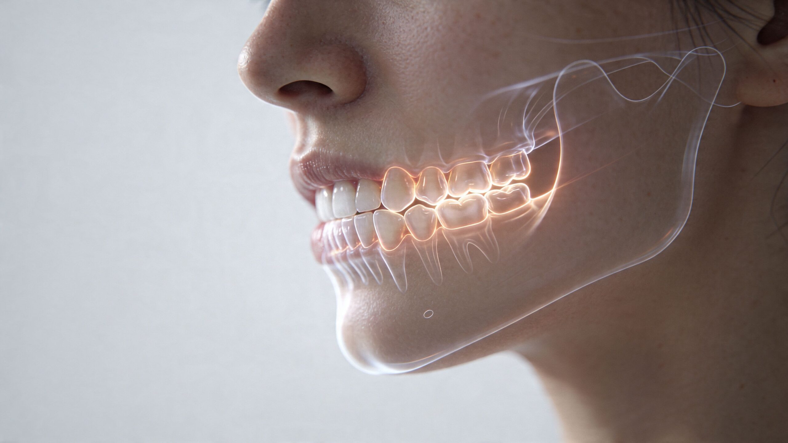 A digital illustration showing a human side profile with a glowing, X-ray style view of teeth sensitivity.