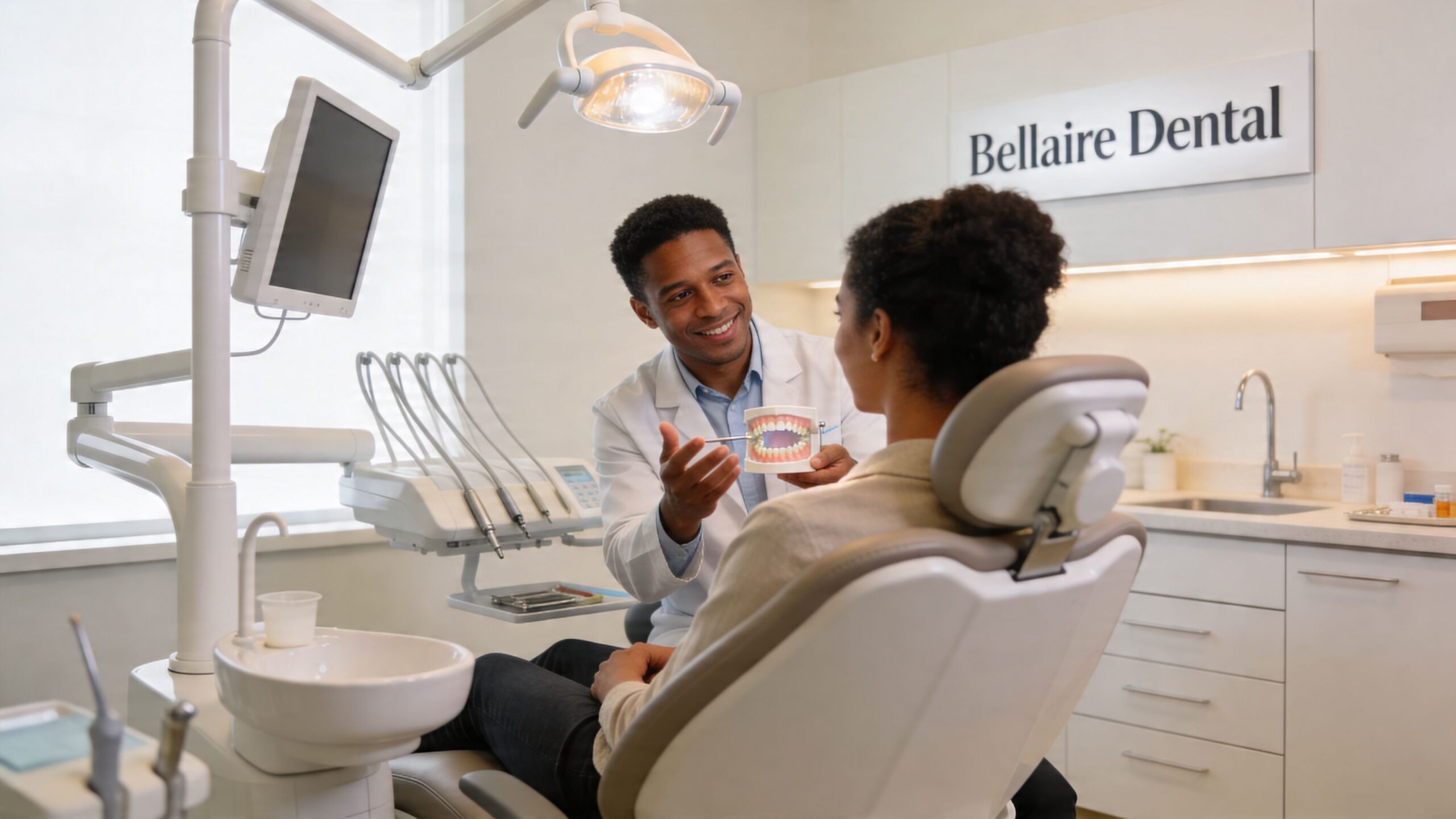 A friendly dentist explaining dental care to a female patient using a model of human teeth.