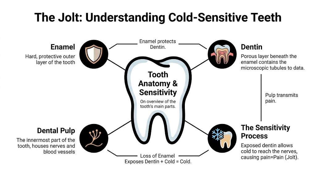 An infographic showing the anatomy of a human tooth and explaining why teeth become sensitive to cold.