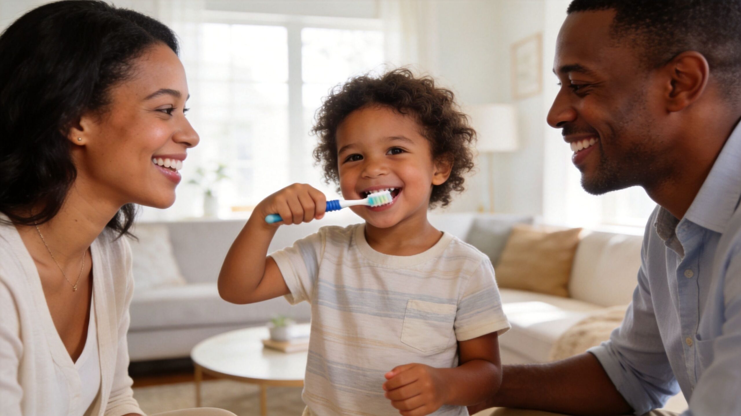 Bellaire Pediatric Dentistry: Expert Care for Kids 1 A happy young boy brushing his teeth with his smiling parents at home during a dental routine.