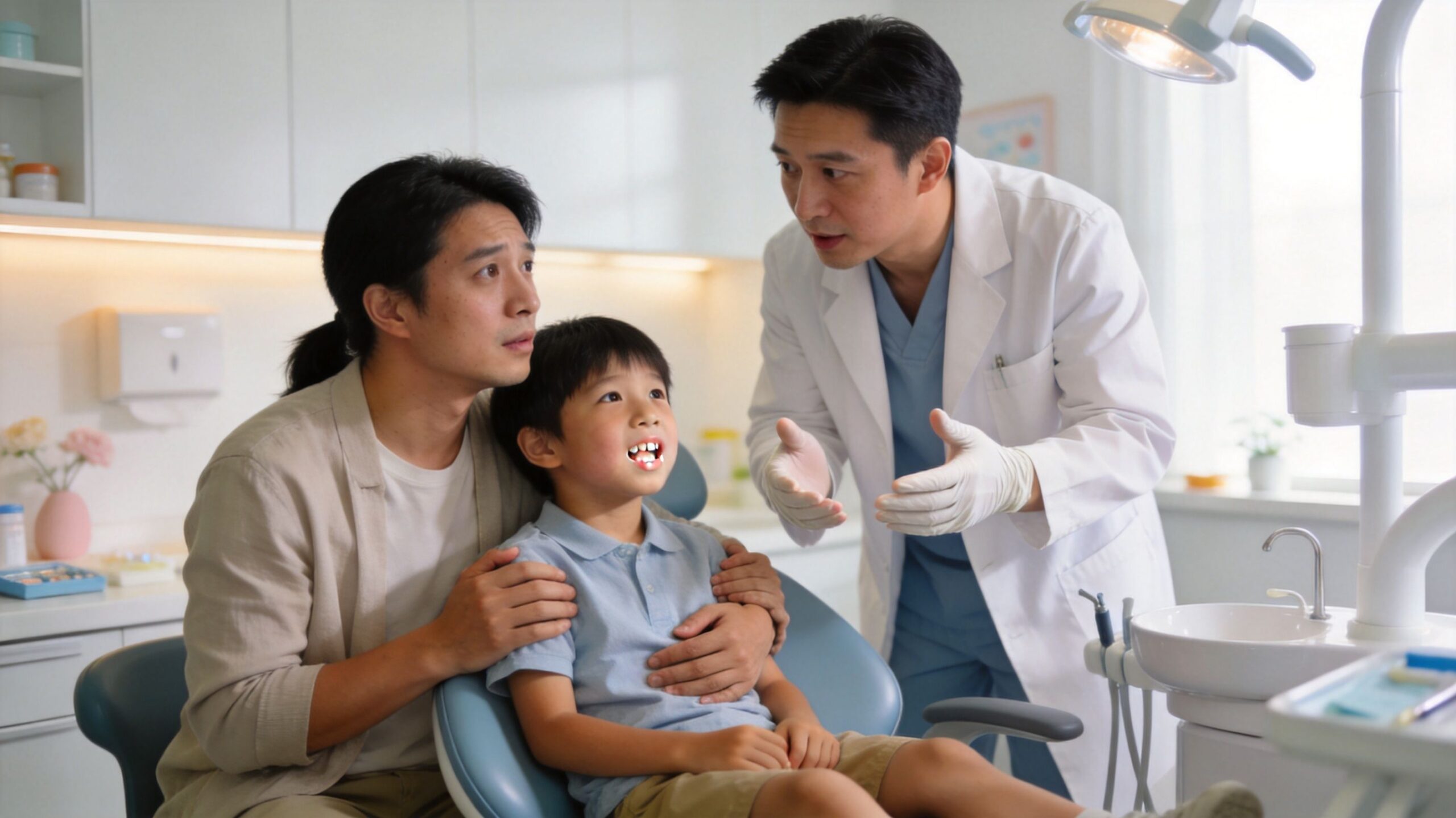 Bellaire Pediatric Dentistry: Expert Care for Kids 4 A concerned father comforts his young son during a dental checkup with a professional dentist.