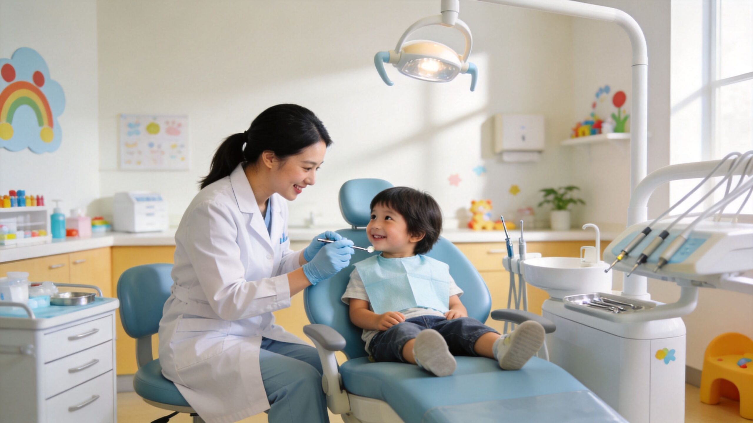 Bellaire Pediatric Dentistry: Expert Care for Kids 2 A friendly female dentist examining a young boy sitting in a dental chair in a pediatric office.
