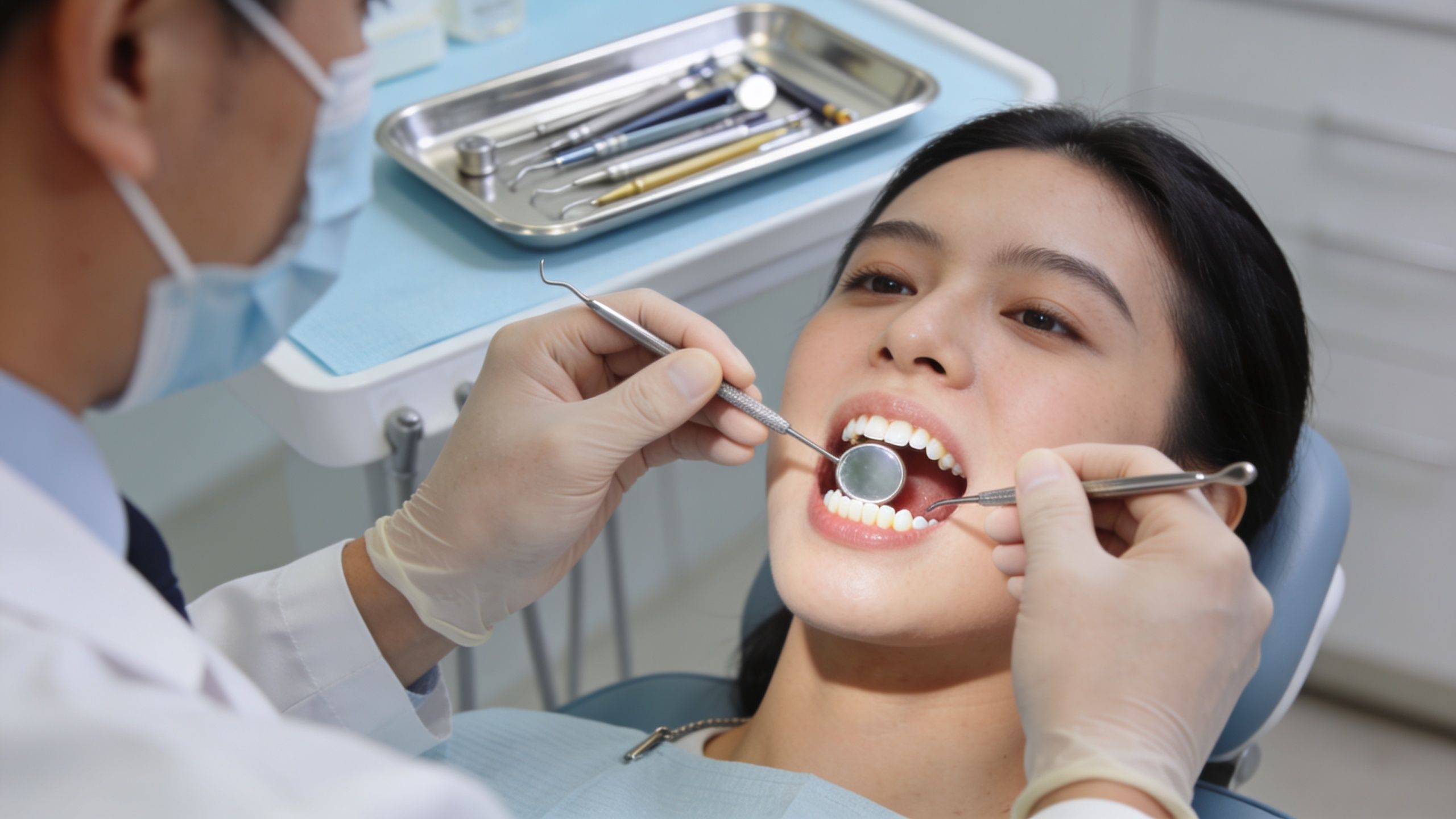 Grinded Down Teeth? Get Expert Help & Solutions 3 A professional dentist examining a patient's teeth using a dental mirror and explorer in a clinic.