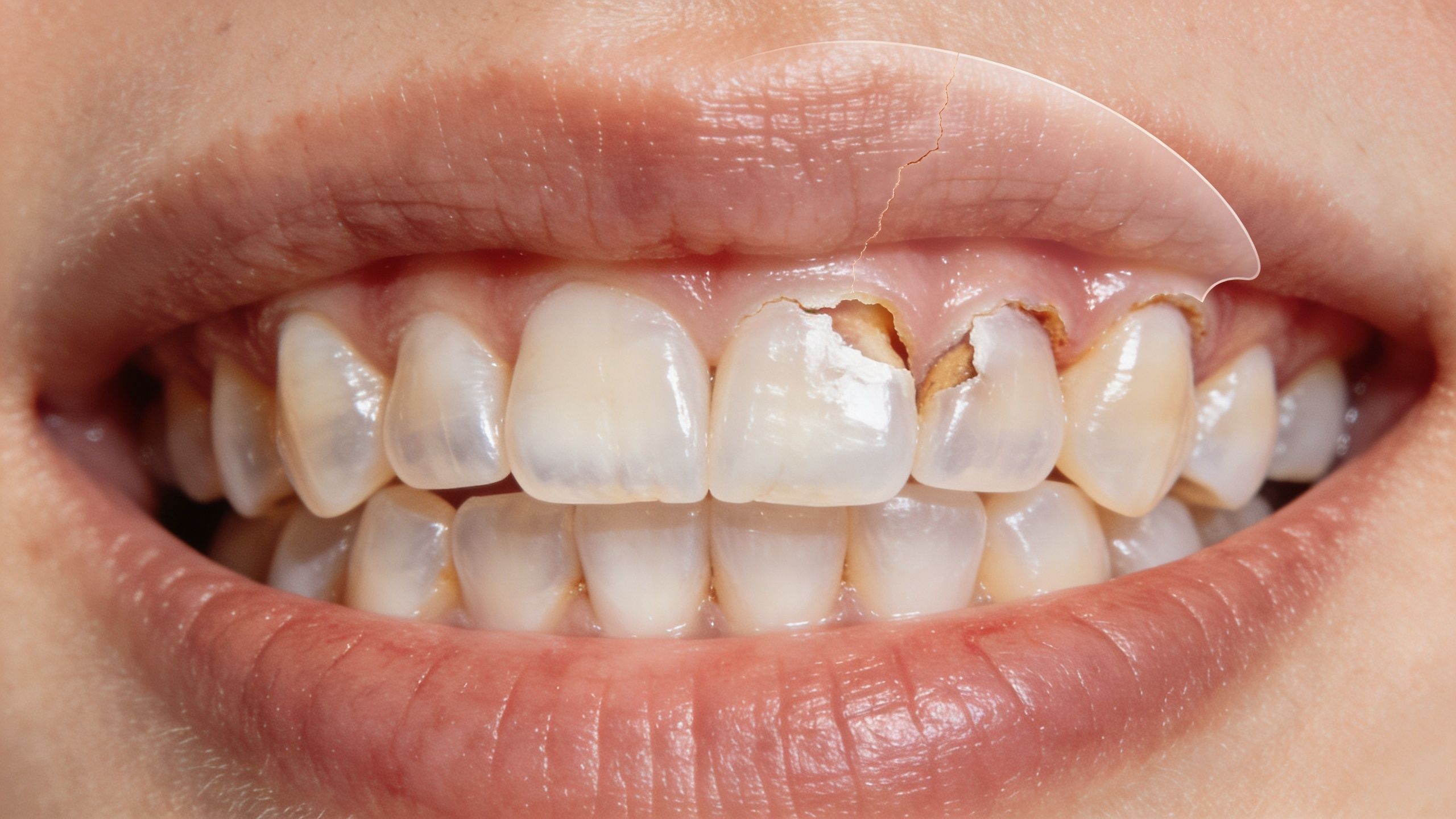Grinded Down Teeth? Get Expert Help & Solutions 2 Close-up of a person's mouth showing dental erosion and severe tooth decay on the upper front teeth.