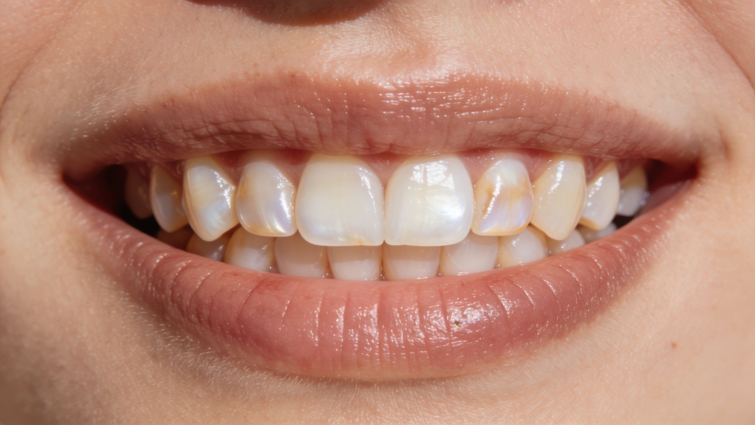 Grinded Down Teeth? Get Expert Help & Solutions 4 Close-up view of a woman's smile showing teeth with worn enamel and noticeable discoloration on the edges.