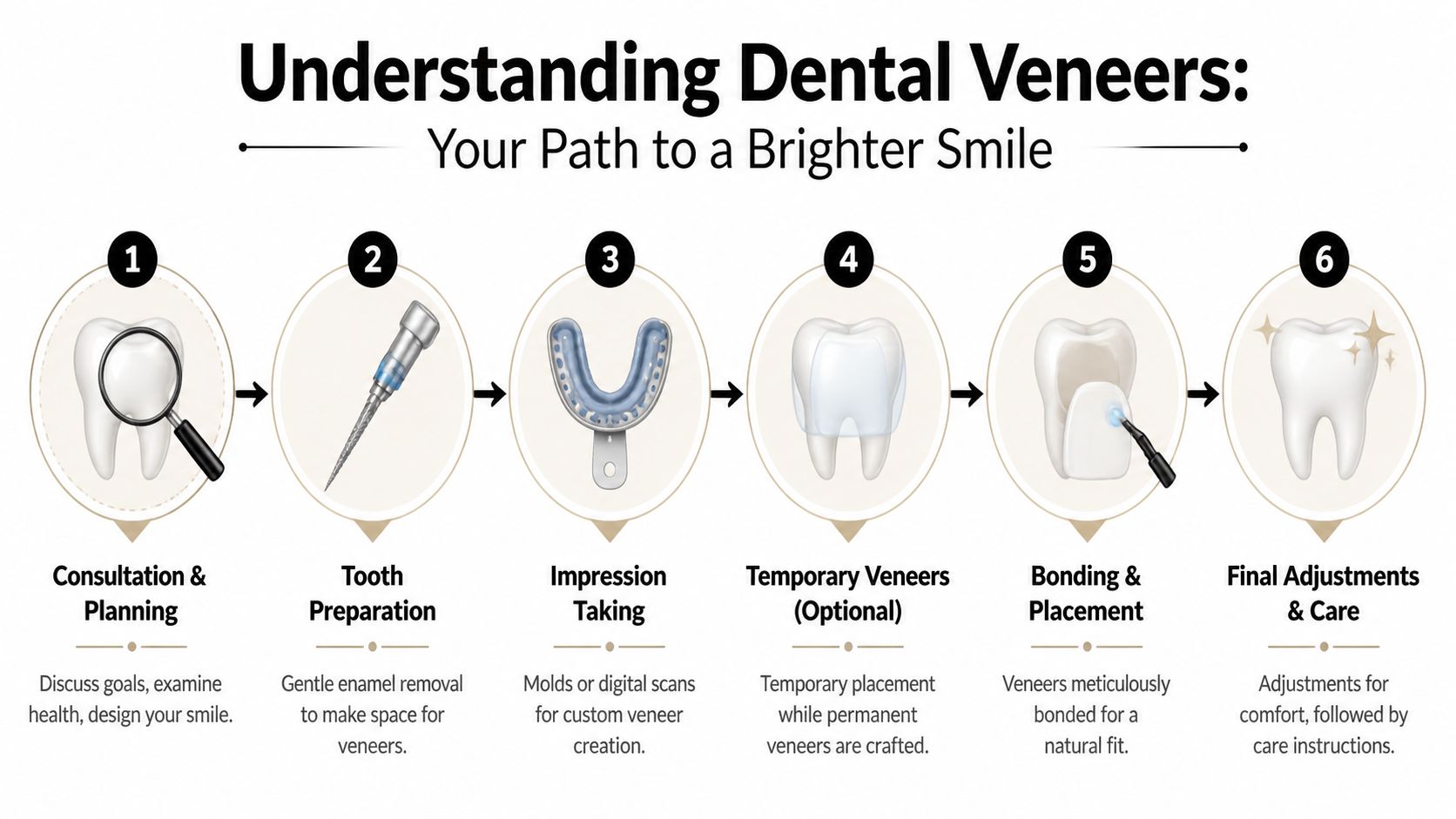 Your Guide: how does veneers work Explained 2 A six-step infographic illustrating the professional dental veneer process from consultation to final care and adjustments.