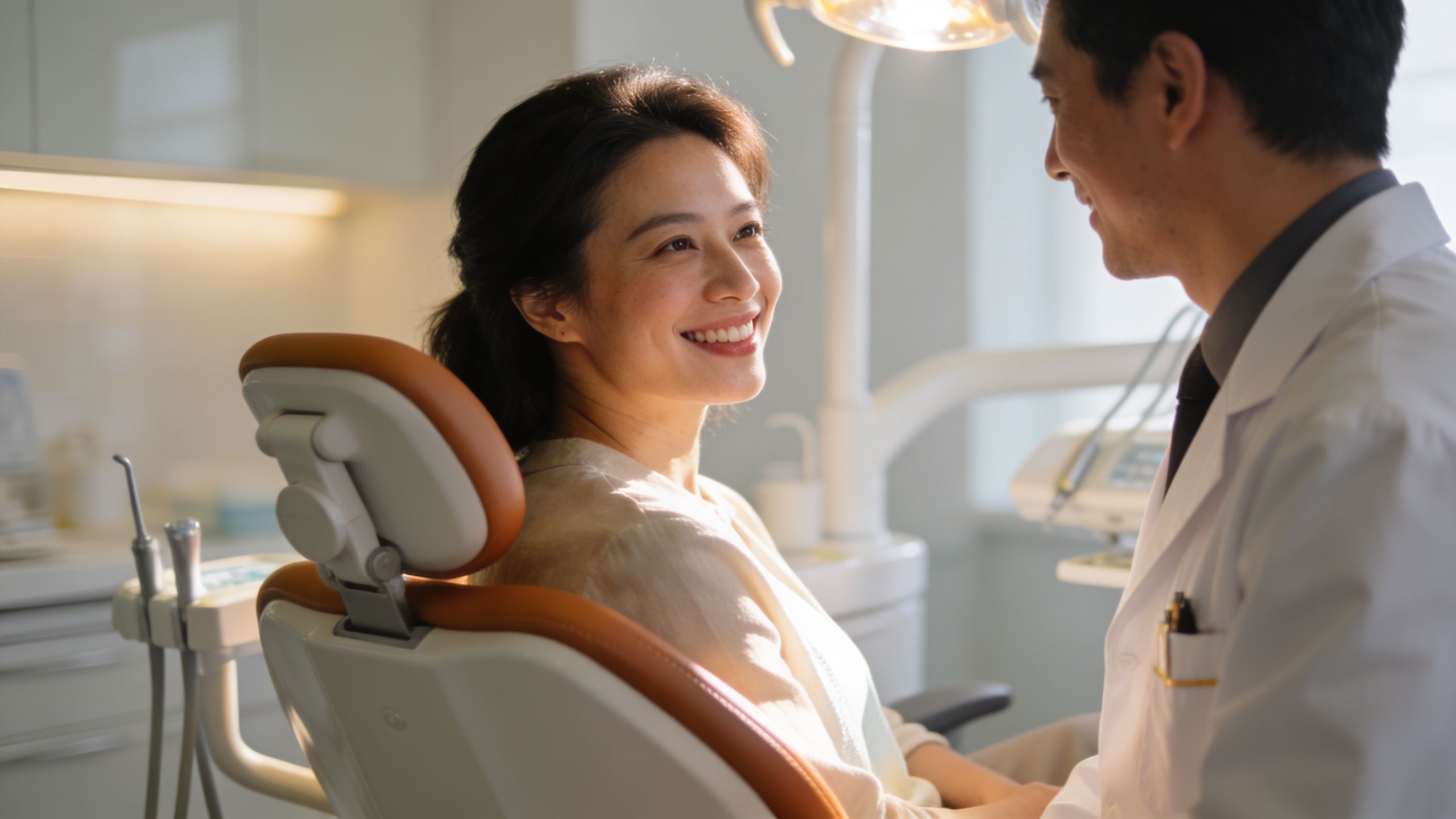 Your Guide: how does veneers work Explained 4 A friendly dentist smiling and consulting with his happy female patient during a routine dental checkup appointment.