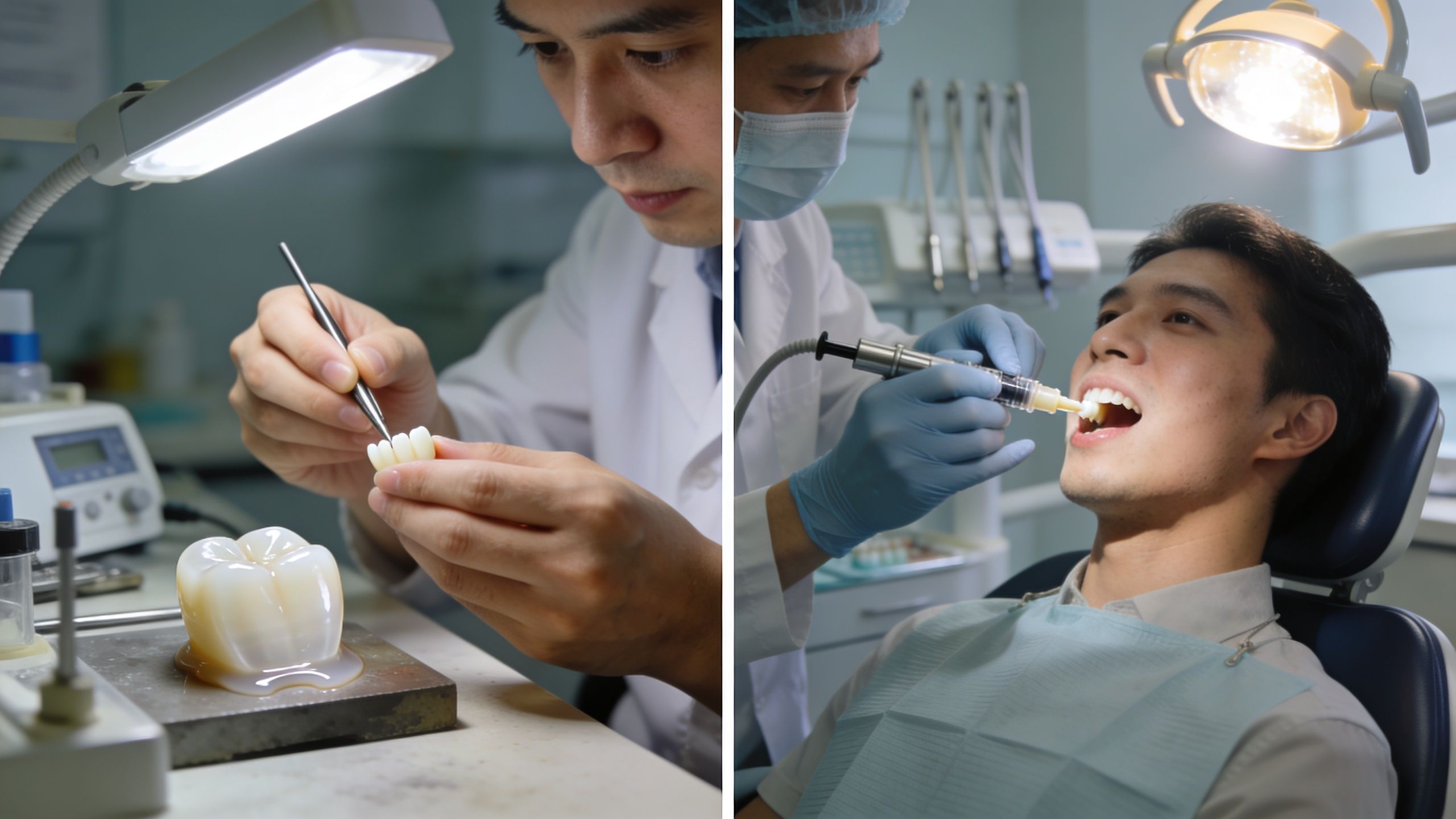 Your Guide: how does veneers work Explained 3 A dentist crafting dental veneers in a lab and applying them to a patient's teeth in clinic.